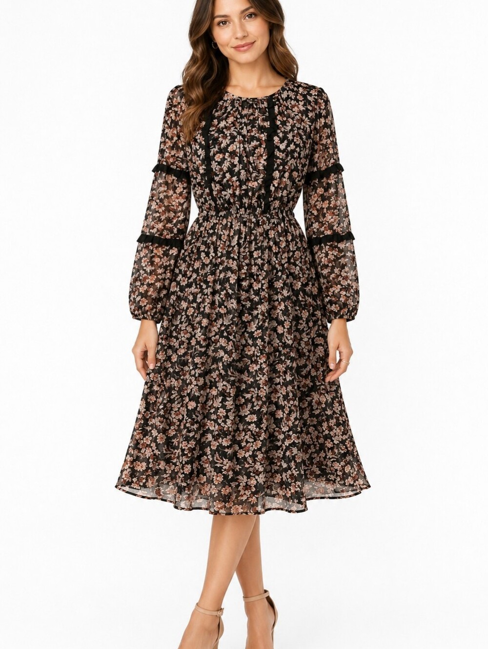 Knox Rose Womens Floral Dress Boho Long Sleeve Sheer Overlay Smocked Waist sz M